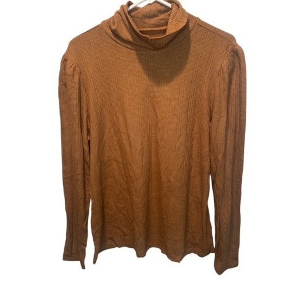 Candace Cameron Bure Womens Brown Gold Waffle Knit Puff Sleeve Top L NEW